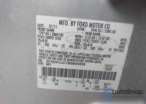2011 Ford Edge Sel from USA, damaged, VIN 2FMDK3JC7BBB59858